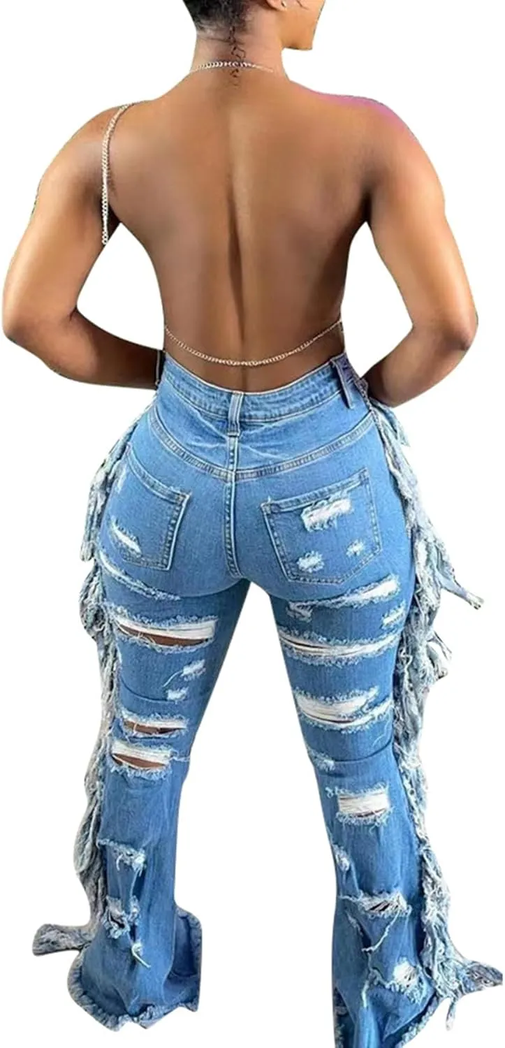Lucuna Women's High Waisted Ripped Jeans Cut Out Destroyed Frayed Tassels Distressed Denim Pants