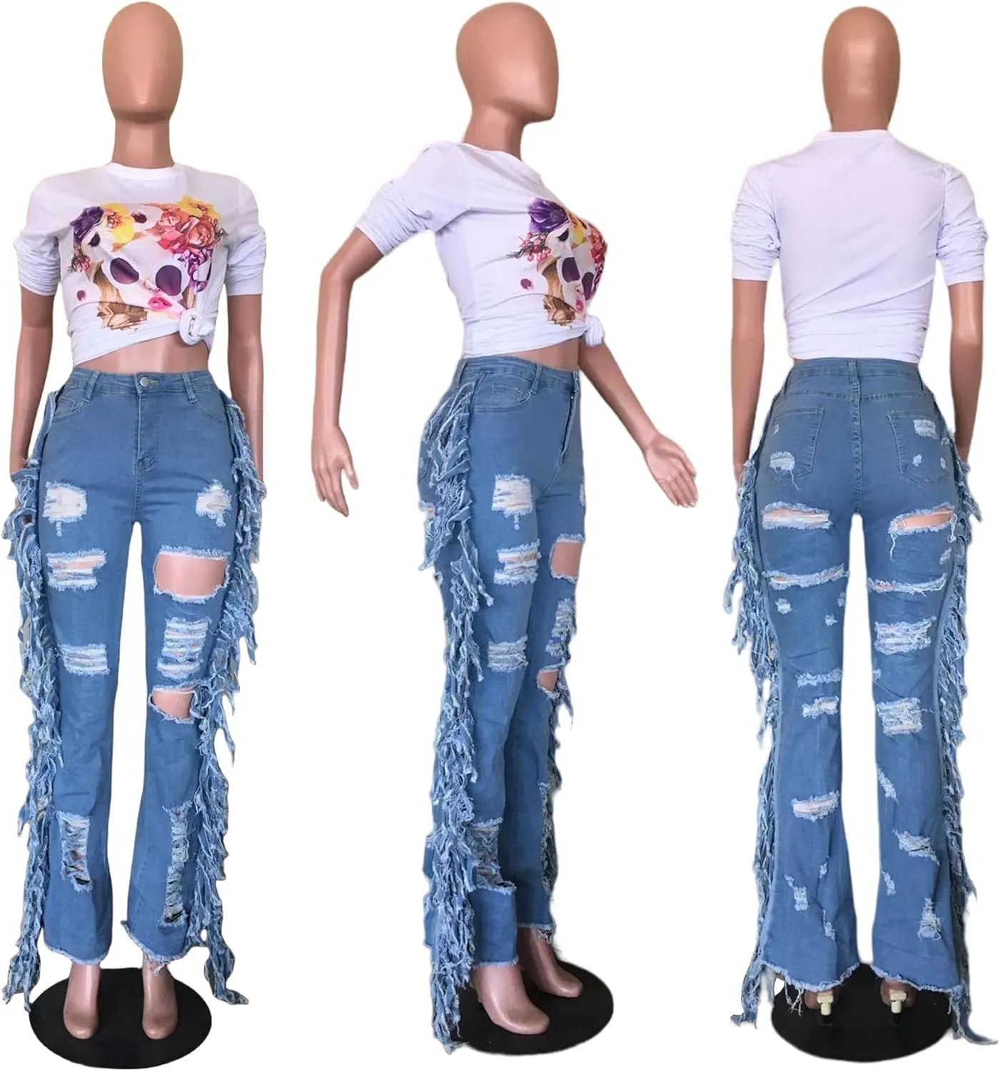 Lucuna Women's High Waisted Ripped Jeans Cut Out Destroyed Frayed Tassels Distressed Denim Pants