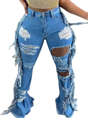 Lucuna Women's High Waisted Ripped Jeans Cut Out Destroyed Frayed Tassels Distressed Denim Pants
