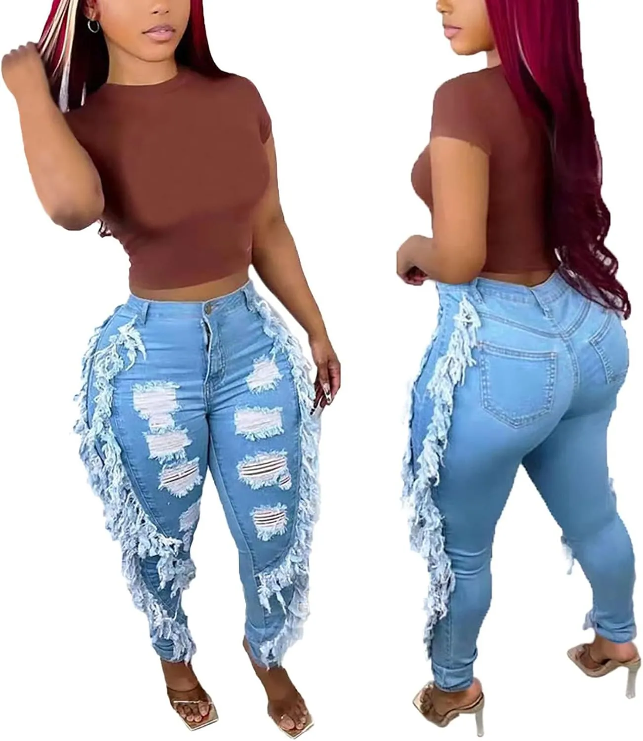 Lucuna Women's High Waisted Ripped Jeans Cut Out Destroyed Frayed Tassels Distressed Denim Pants