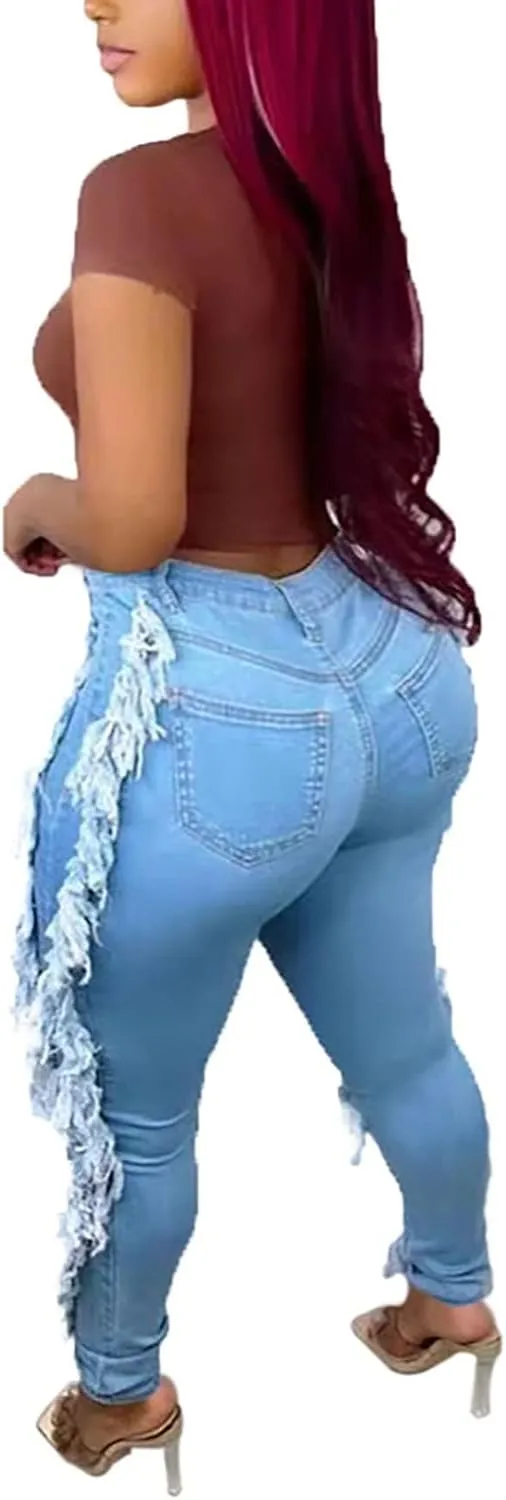 Lucuna Women's High Waisted Ripped Jeans Cut Out Destroyed Frayed Tassels Distressed Denim Pants