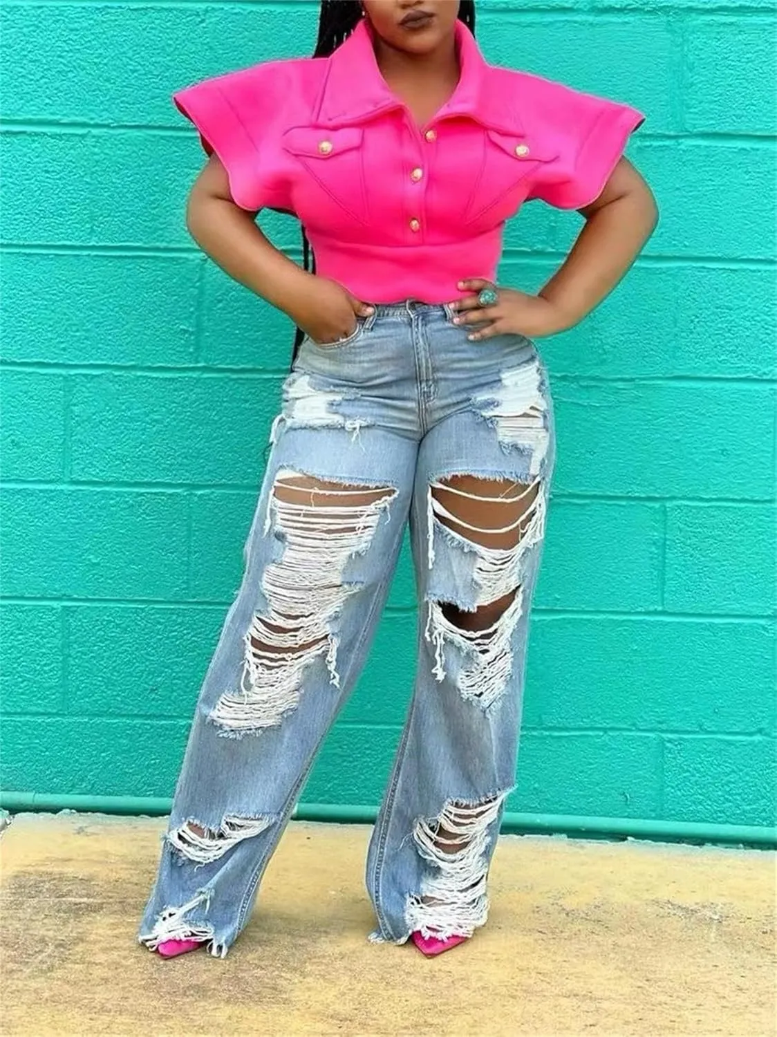 Lucuna Women's High Waisted Ripped Jeans Cut Out Destroyed Frayed Tassels Distressed Denim Pants