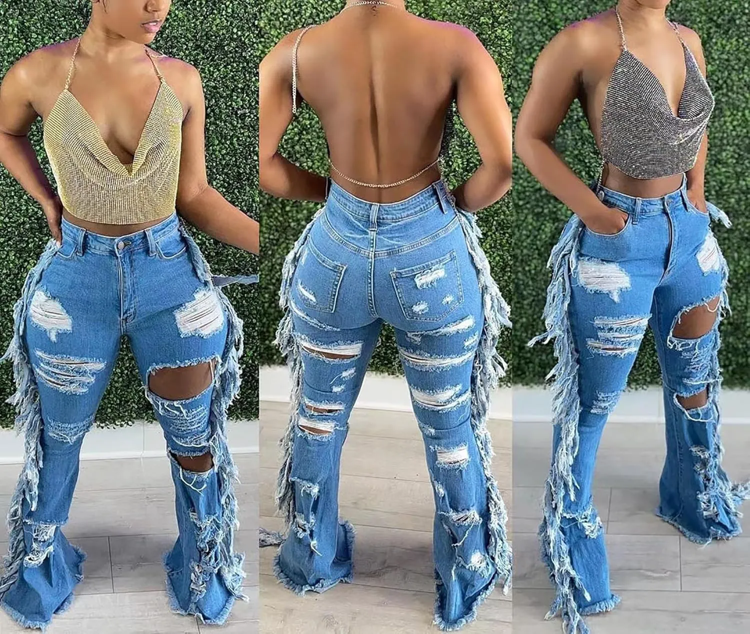 Lucuna Women's High Waisted Ripped Jeans Cut Out Destroyed Frayed Tassels Distressed Denim Pants