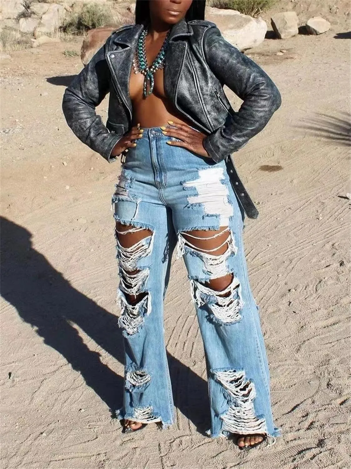 Lucuna Women's High Waisted Ripped Jeans Cut Out Destroyed Frayed Tassels Distressed Denim Pants