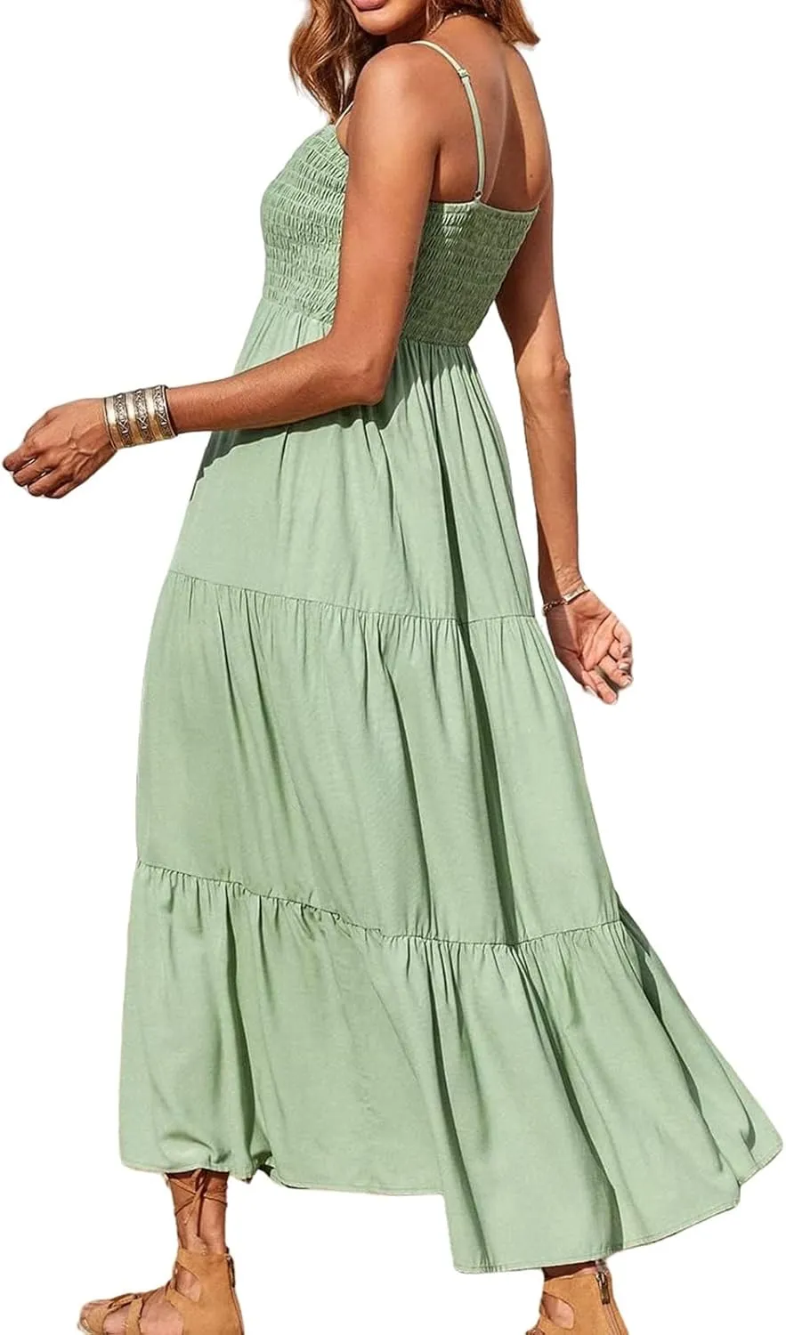 Maxi Dresses for Women Spaghetti Strap Sleeveless Smocked Flowy A-Line Dresses High Waist Tiered Long Beach Sundresses