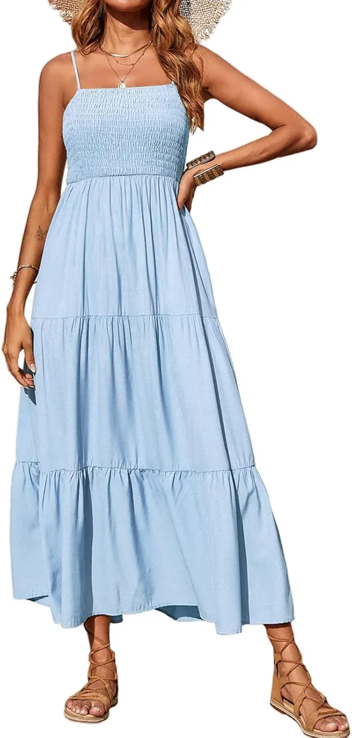 Maxi Dresses for Women Spaghetti Strap Sleeveless Smocked Flowy A-Line Dresses High Waist Tiered Long Beach Sundresses