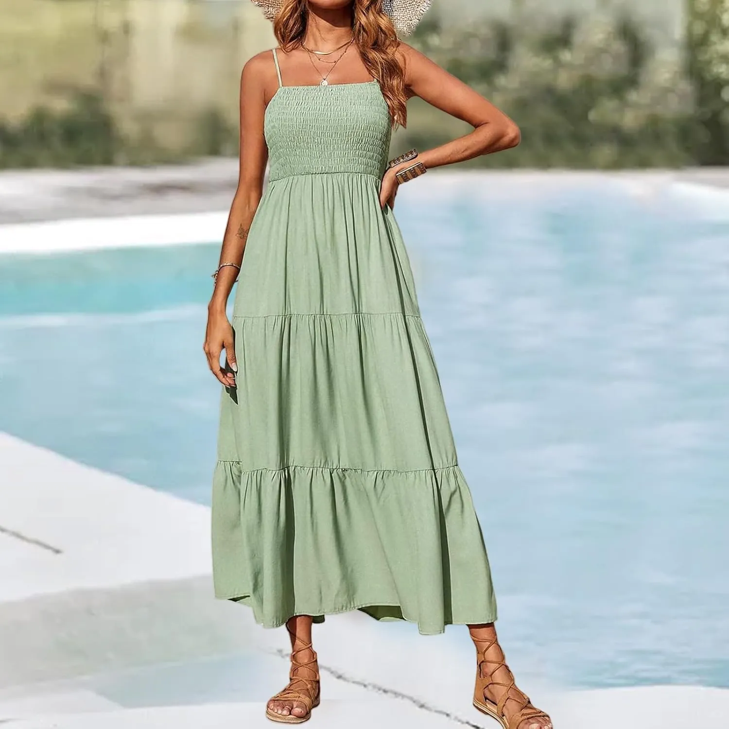 Maxi Dresses for Women Spaghetti Strap Sleeveless Smocked Flowy A-Line Dresses High Waist Tiered Long Beach Sundresses