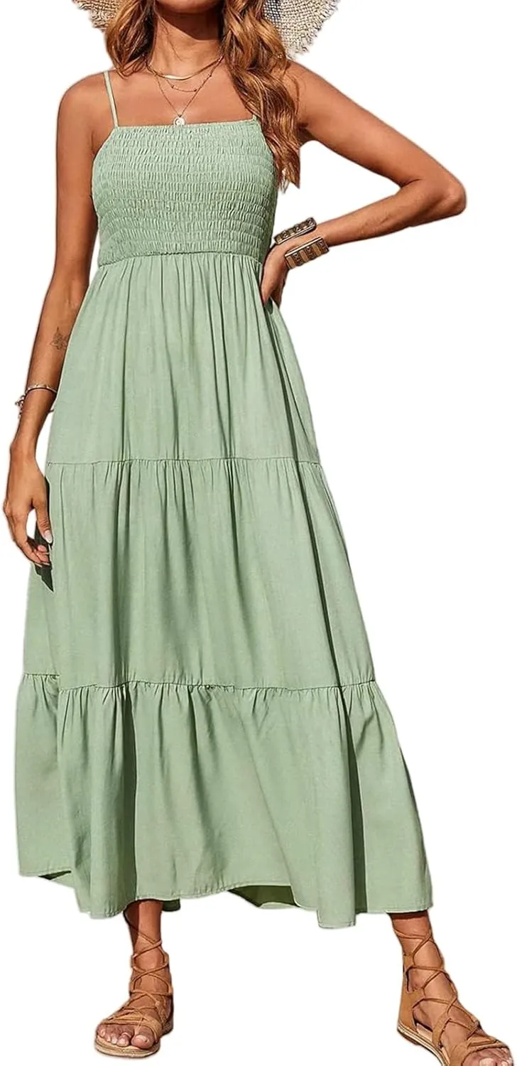 Maxi Dresses for Women Spaghetti Strap Sleeveless Smocked Flowy A-Line Dresses High Waist Tiered Long Beach Sundresses