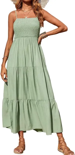 Maxi Dresses for Women Spaghetti Strap Sleeveless Smocked Flowy A-Line Dresses High Waist Tiered Long Beach Sundresses