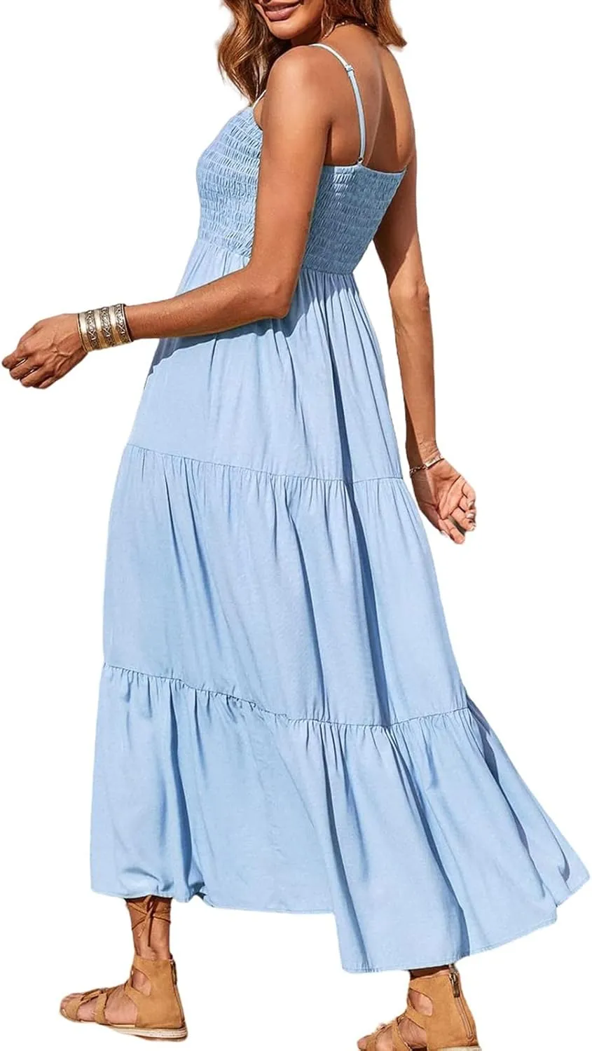 Maxi Dresses for Women Spaghetti Strap Sleeveless Smocked Flowy A-Line Dresses High Waist Tiered Long Beach Sundresses