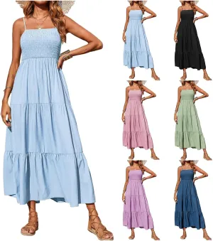 Maxi Dresses for Women Spaghetti Strap Sleeveless Smocked Flowy A-Line Dresses High Waist Tiered Long Beach Sundresses