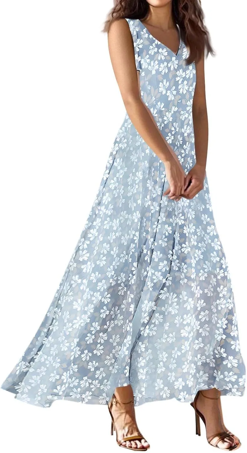 Maxi Floral Dresses for Women 2025 Vacation A Line Dresses Sleeveless V Neck Sundress Ruffle Flowy Swing Frocks