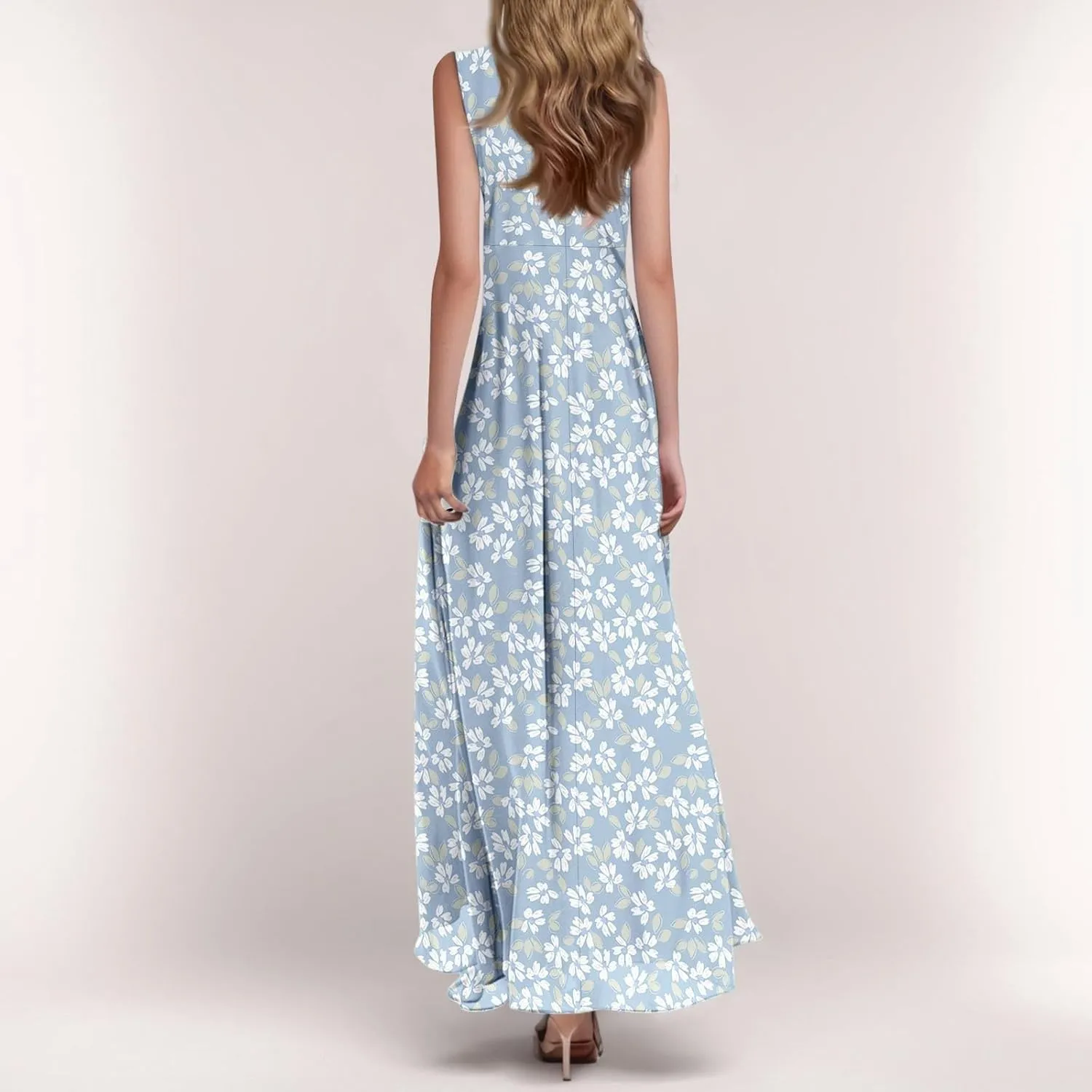 Maxi Floral Dresses for Women 2025 Vacation A Line Dresses Sleeveless V Neck Sundress Ruffle Flowy Swing Frocks