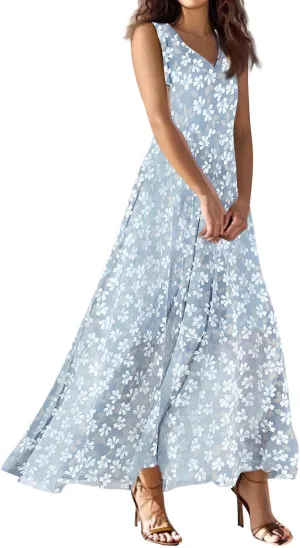 Maxi Floral Dresses for Women 2025 Vacation A Line Dresses Sleeveless V Neck Sundress Ruffle Flowy Swing Frocks