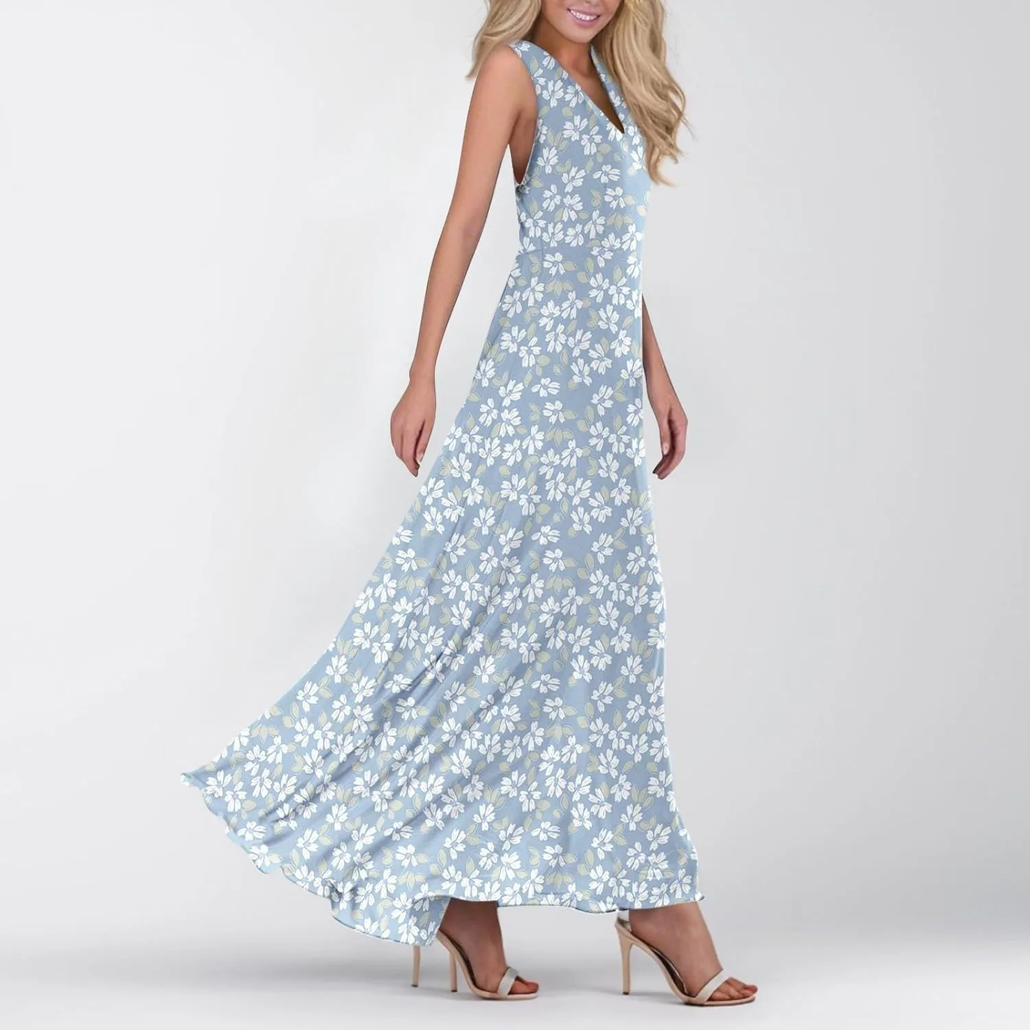 Maxi Floral Dresses for Women 2025 Vacation A Line Dresses Sleeveless V Neck Sundress Ruffle Flowy Swing Frocks