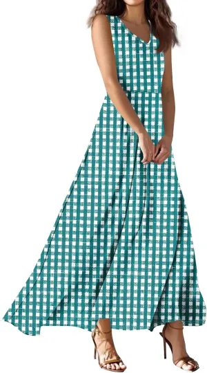 Maxi Floral Dresses for Women 2025 Vacation Sleeveless V Neck Sundress A Line Dresses Ruffle Flowy Swing Frocks
