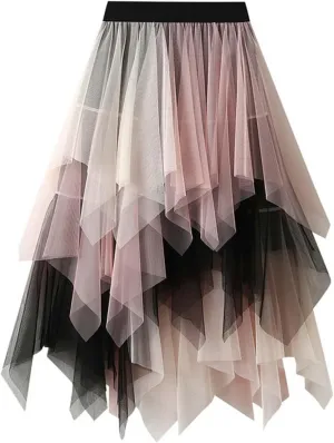 Maxi Skirt for Women Trendy Gradient Sheer Mesh Multi Layer Pleated Lightweight Summer Midi Skirts for Vacation Streetwear