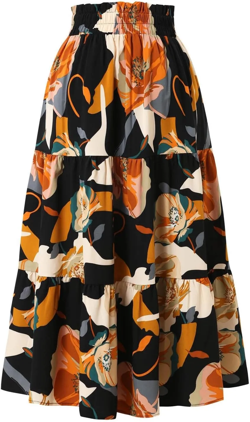 Maxi Skirts for Women 2025 Summer Elastic High Waisted Tiered Floral Skirts Beach Boho A-Line Flowy Swing Long Skirts