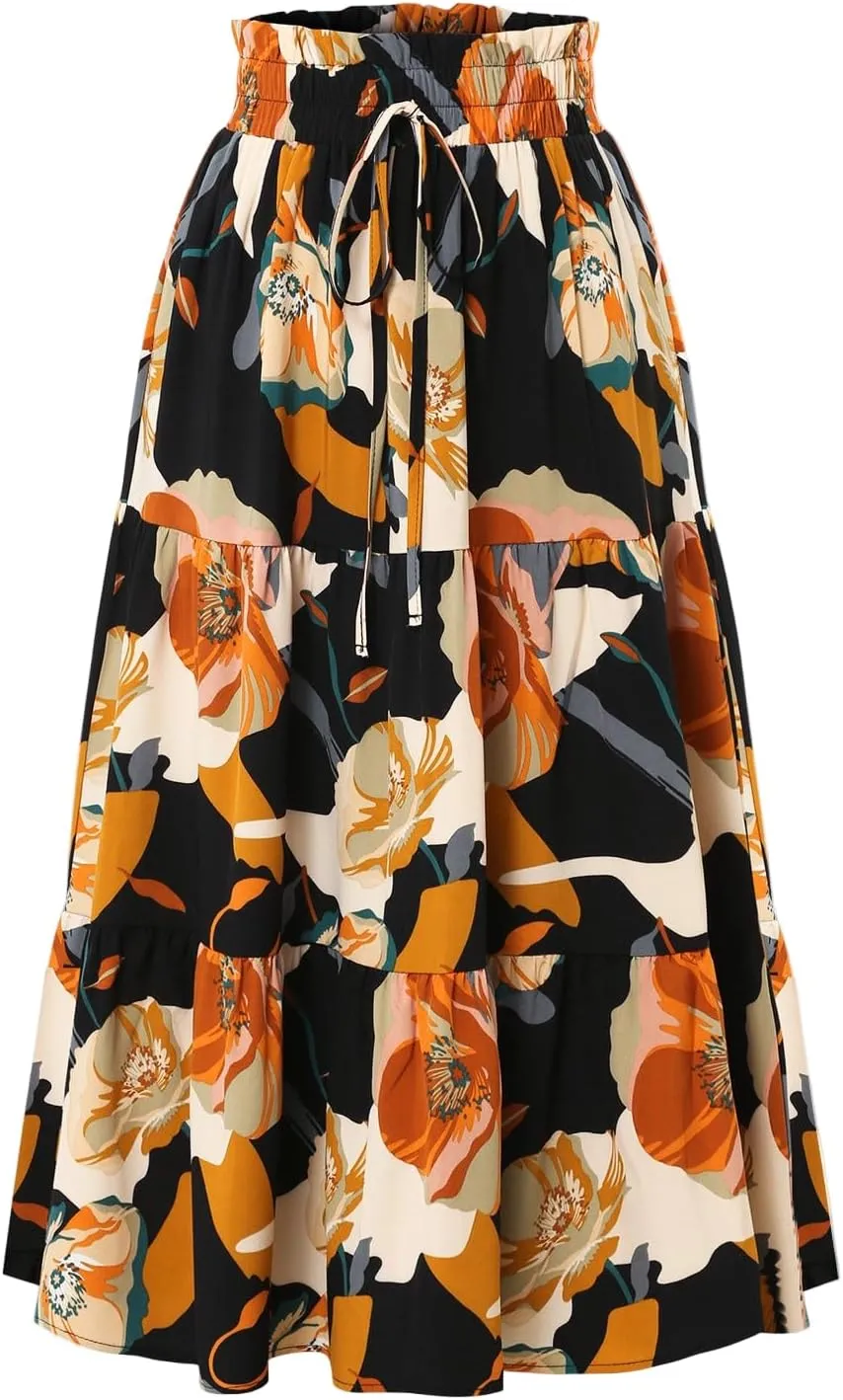 Maxi Skirts for Women 2025 Summer Elastic High Waisted Tiered Floral Skirts Beach Boho A-Line Flowy Swing Long Skirts