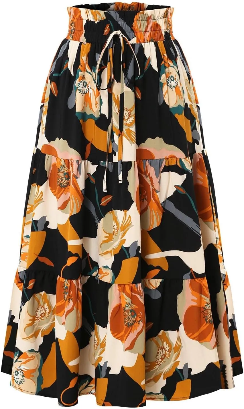 Maxi Skirts for Women 2025 Summer Elastic High Waisted Tiered Floral Skirts Beach Boho A-Line Flowy Swing Long Skirts