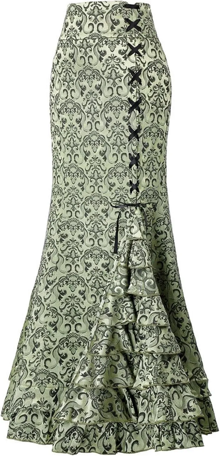 Maxi Skirts for Women Steampunk Renaissance Gothic Medieval Lace Up Tiered Ruffle Fishtail Pencil Bodycon Long Skirt