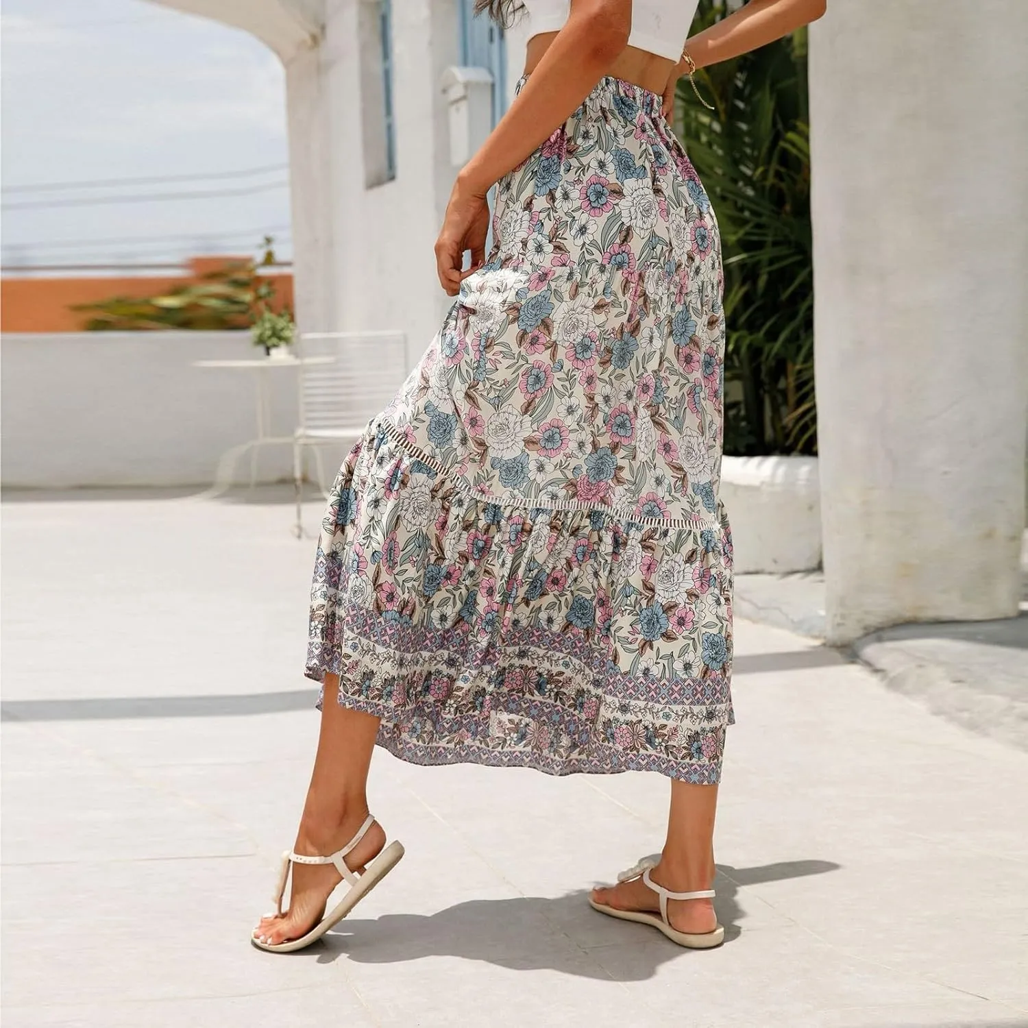 Maxi Skirts for Women,2025 Summer Flowy Tiered Pleated A Line Long Skirts,Trendy Vintage Floral Vacation Boho Skirts