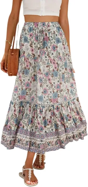 Maxi Skirts for Women,2025 Summer Flowy Tiered Pleated A Line Long Skirts,Trendy Vintage Floral Vacation Boho Skirts