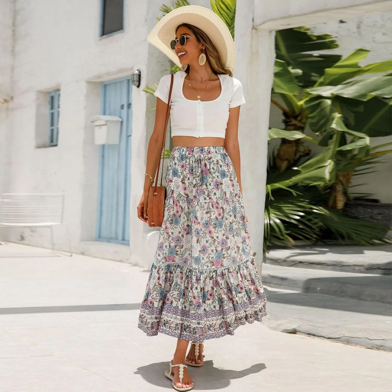 Maxi Skirts for Women,2025 Summer Flowy Tiered Pleated A Line Long Skirts,Trendy Vintage Floral Vacation Boho Skirts