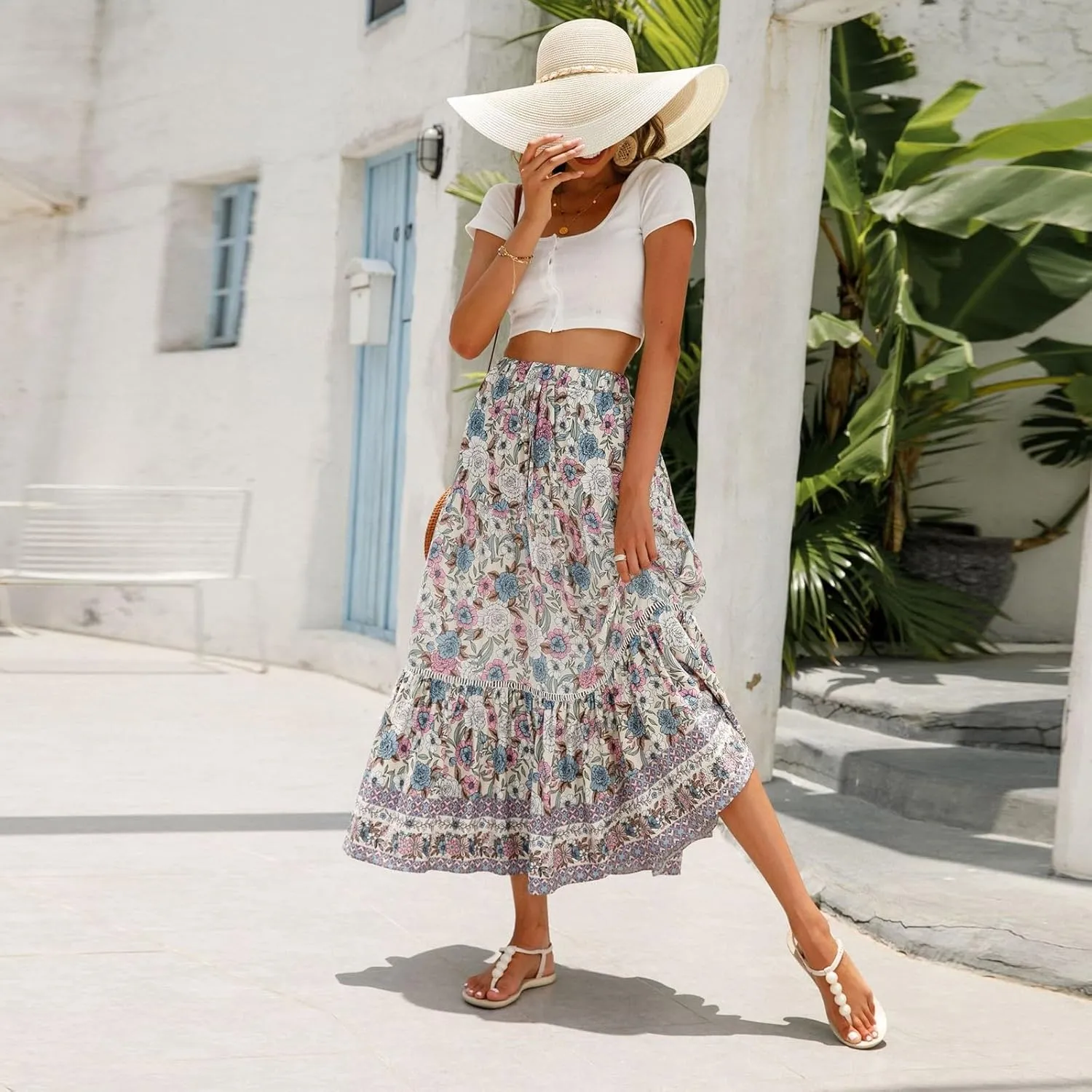 Maxi Skirts for Women,2025 Summer Flowy Tiered Pleated A Line Long Skirts,Trendy Vintage Floral Vacation Boho Skirts