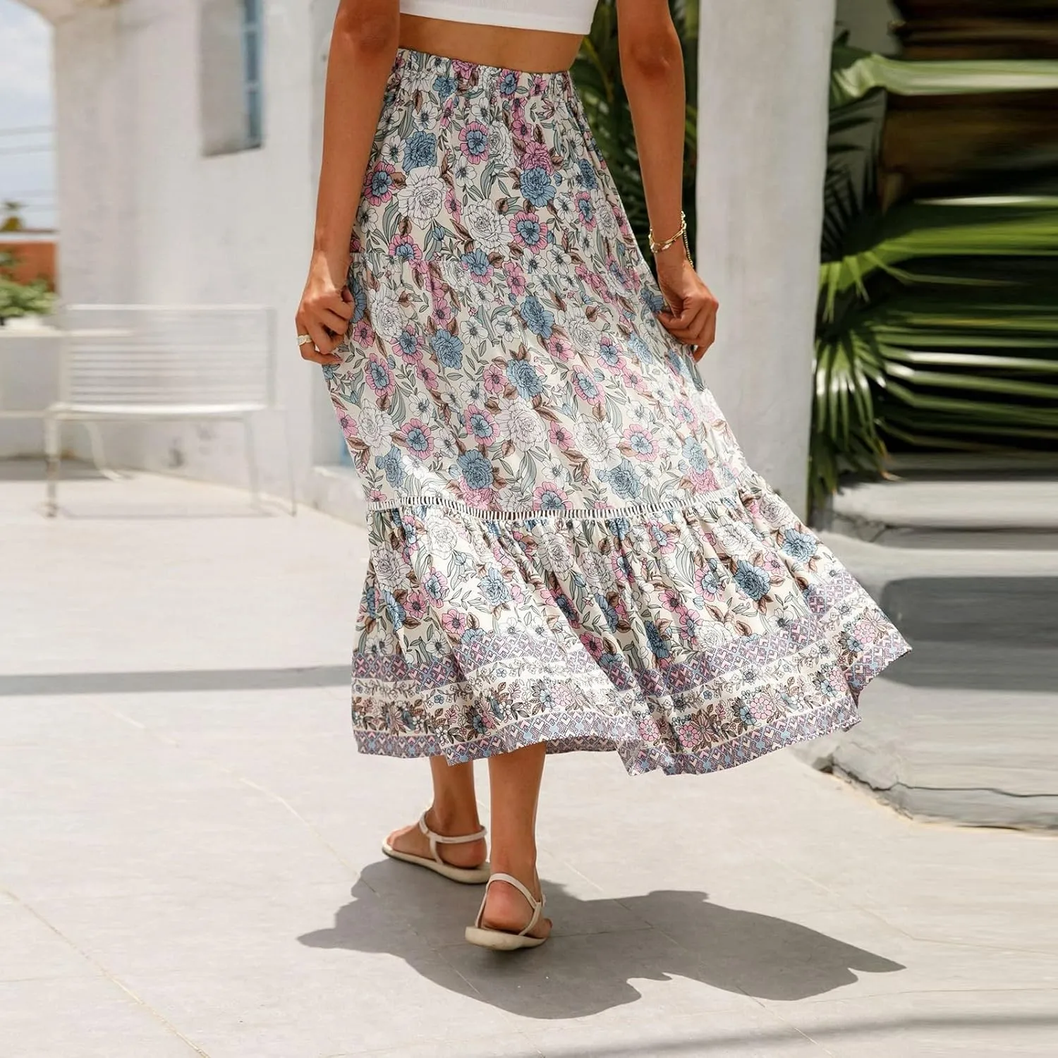 Maxi Skirts for Women,2025 Summer Flowy Tiered Pleated A Line Long Skirts,Trendy Vintage Floral Vacation Boho Skirts