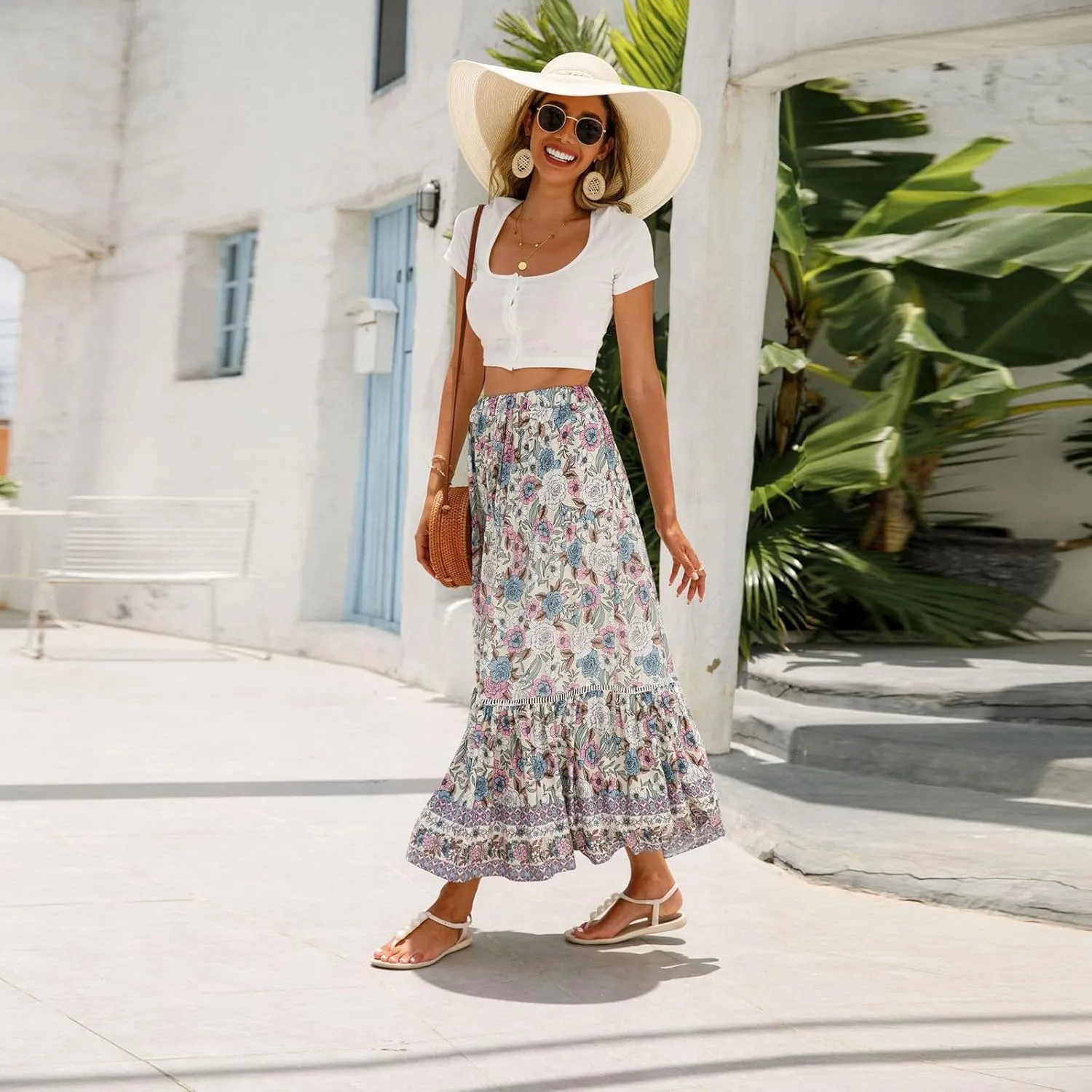 Maxi Skirts for Women,2025 Summer Flowy Tiered Pleated A Line Long Skirts,Trendy Vintage Floral Vacation Boho Skirts