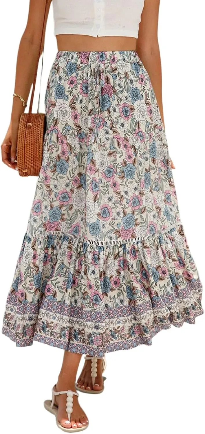 Maxi Skirts for Women,2025 Summer Flowy Tiered Pleated A Line Long Skirts,Trendy Vintage Floral Vacation Boho Skirts