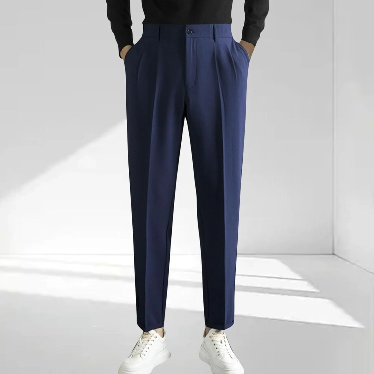 Mens Casual Business Pants Stylish Elastic Waist Classic Fit Straight Leg Dress Pant Lightweight Trousers with Pocket