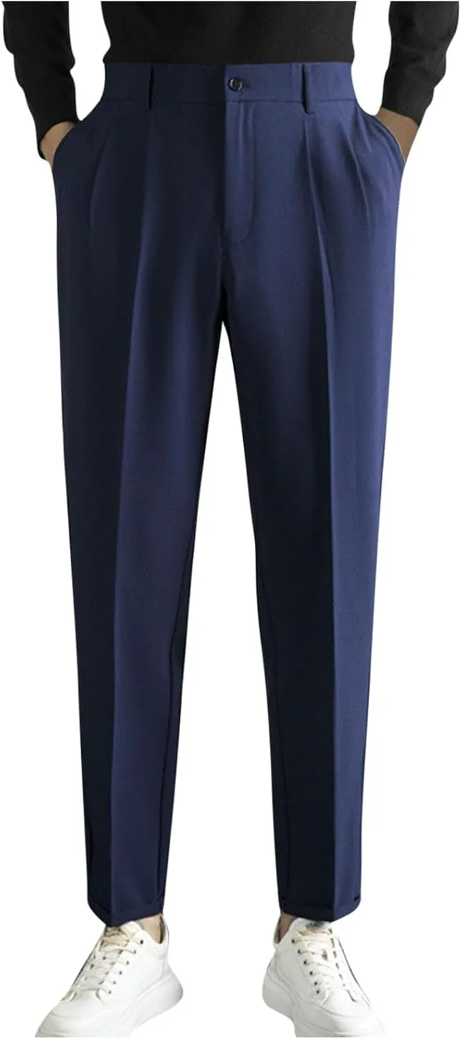 Mens Casual Business Pants Stylish Elastic Waist Classic Fit Straight Leg Dress Pant Lightweight Trousers with Pocket
