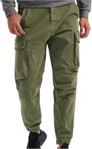 Men's Casual Cotton Mid-Waist Zip Cargo Pants Relaxed Fit Solid Cargo Trousers with Multi-Pocket