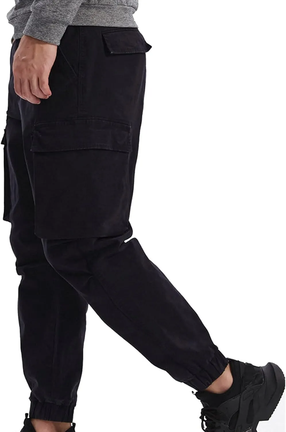 Men's Casual Cotton Mid-Waist Zip Cargo Pants Relaxed Fit Solid Cargo Trousers with Multi-Pocket
