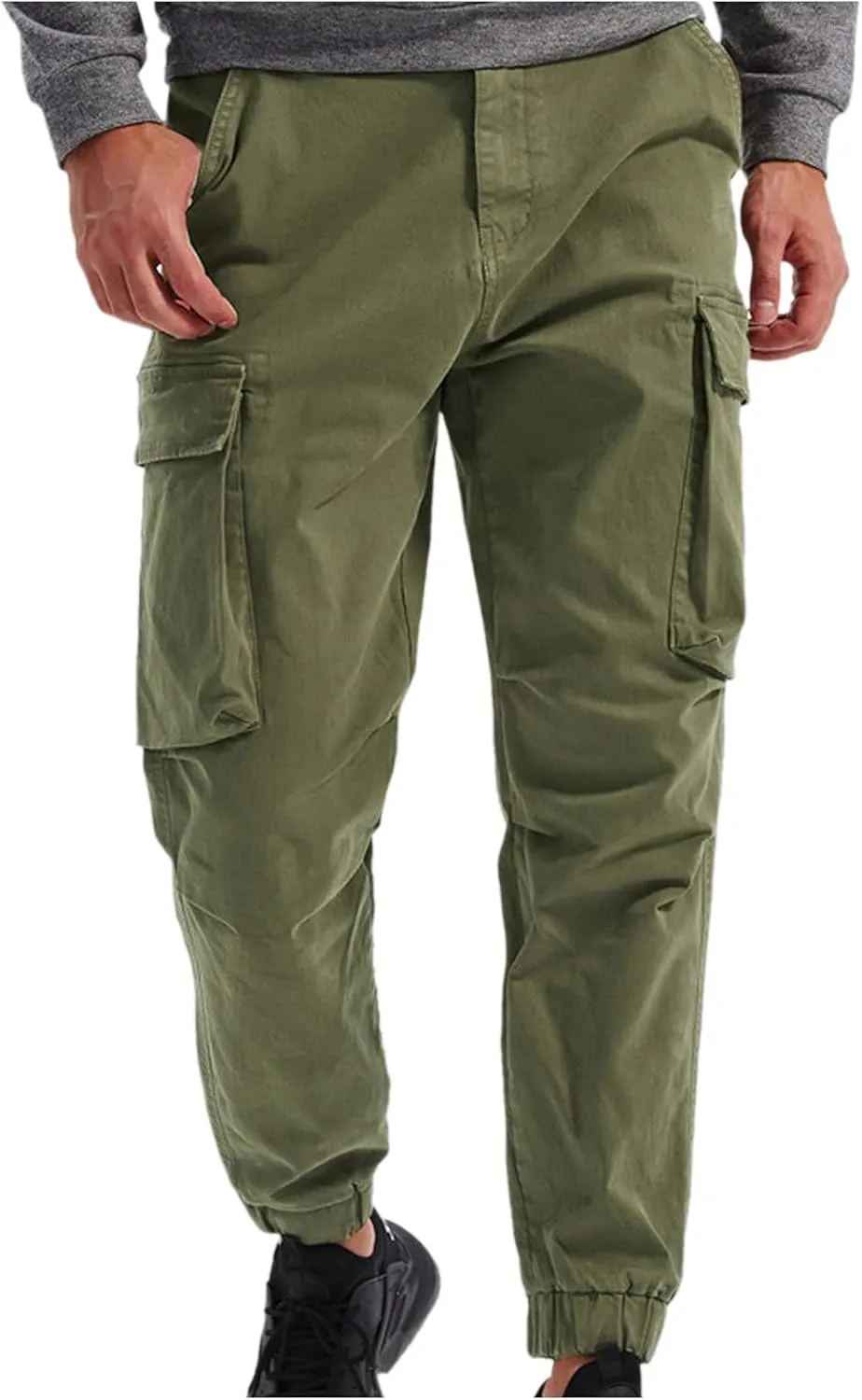 Men's Casual Cotton Mid-Waist Zip Cargo Pants Relaxed Fit Solid Cargo Trousers with Multi-Pocket