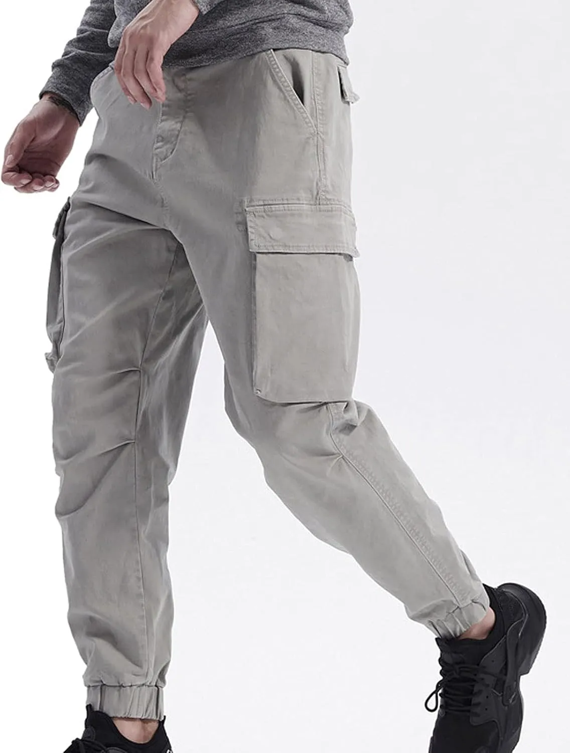 Men's Casual Cotton Mid-Waist Zip Cargo Pants Relaxed Fit Solid Cargo Trousers with Multi-Pocket