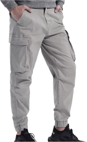 Men's Casual Cotton Mid-Waist Zip Cargo Pants Relaxed Fit Solid Cargo Trousers with Multi-Pocket