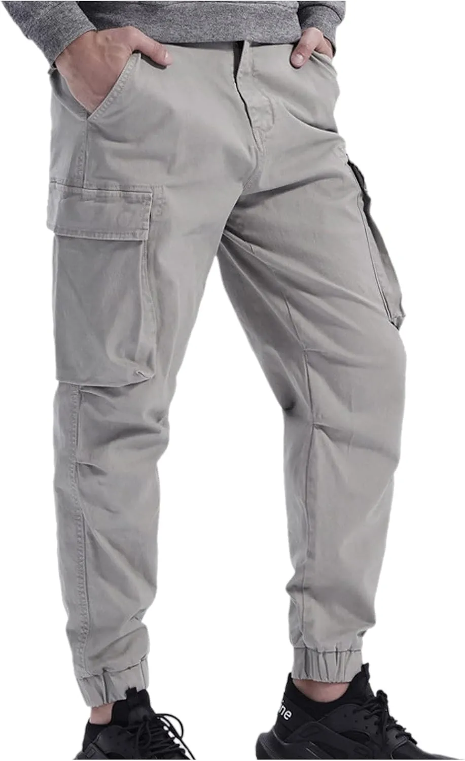 Men's Casual Cotton Mid-Waist Zip Cargo Pants Relaxed Fit Solid Cargo Trousers with Multi-Pocket