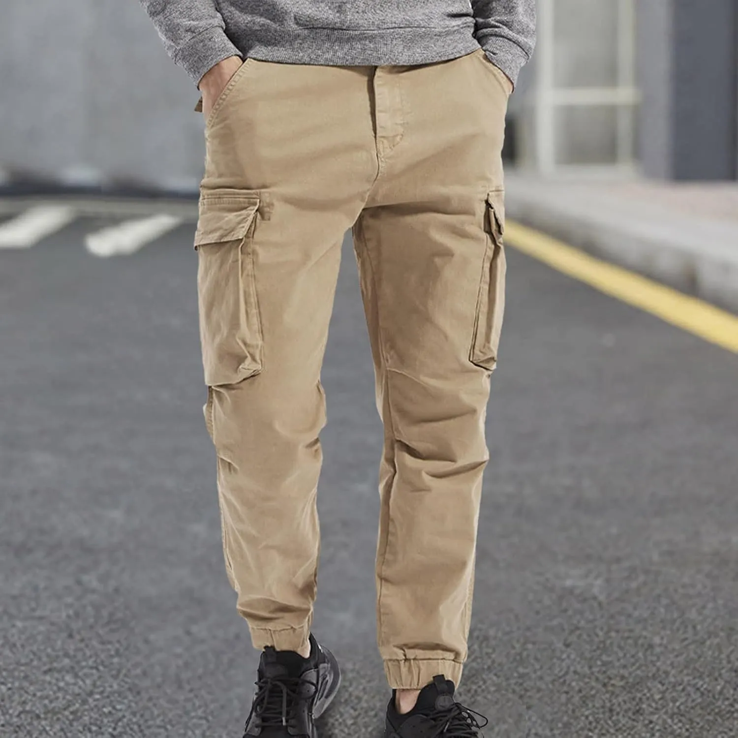 Men's Casual Cotton Mid-Waist Zip Cargo Pants Relaxed Fit Solid Cargo Trousers with Multi-Pocket