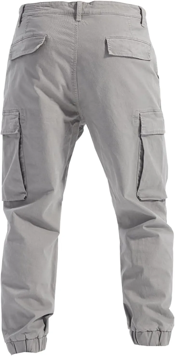 Men's Casual Cotton Mid-Waist Zip Cargo Pants Relaxed Fit Solid Cargo Trousers with Multi-Pocket