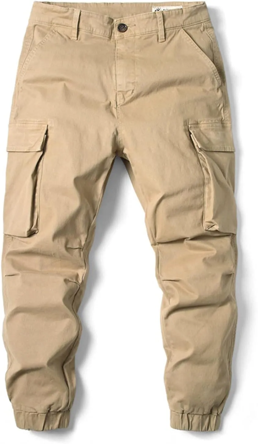 Men's Casual Cotton Mid-Waist Zip Cargo Pants Relaxed Fit Solid Cargo Trousers with Multi-Pocket
