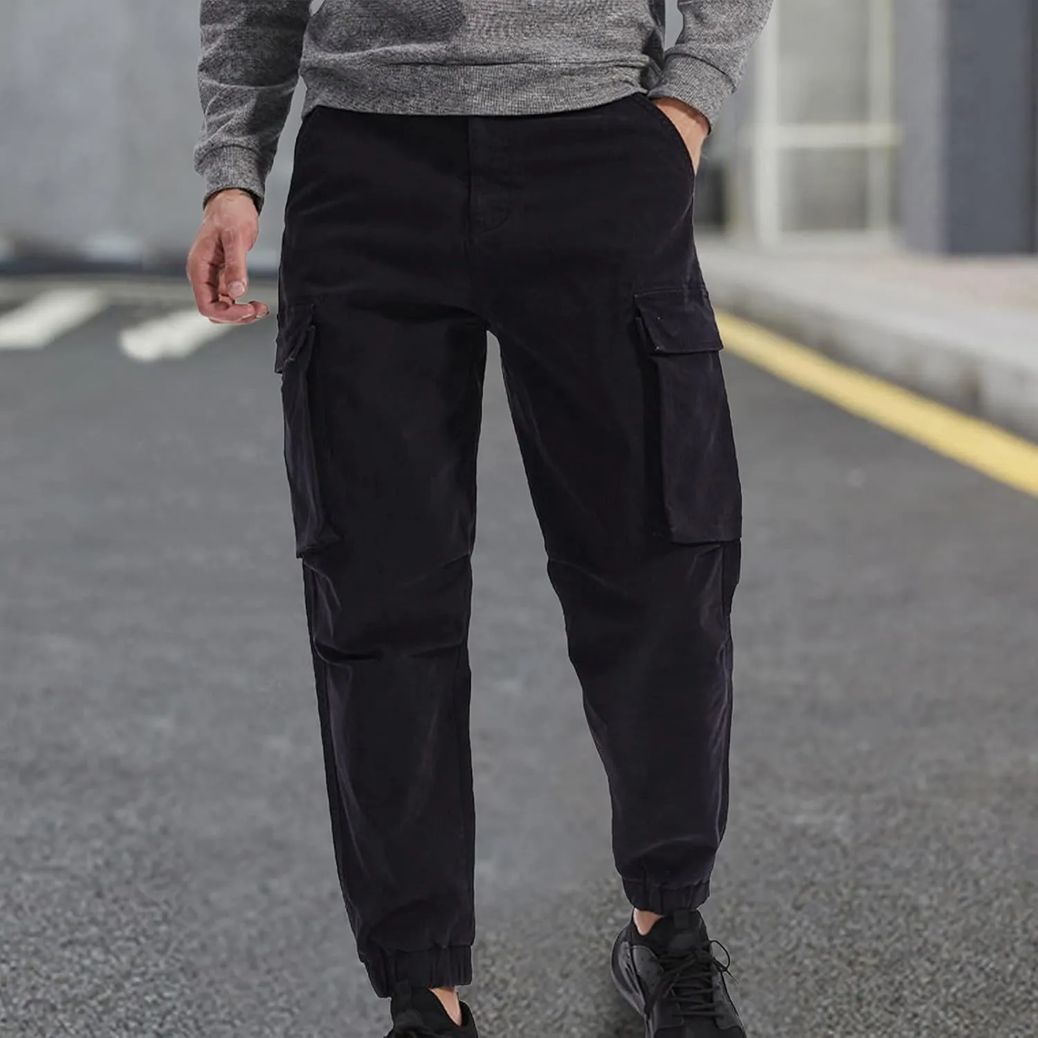 Men's Casual Cotton Mid-Waist Zip Cargo Pants Relaxed Fit Solid Cargo Trousers with Multi-Pocket