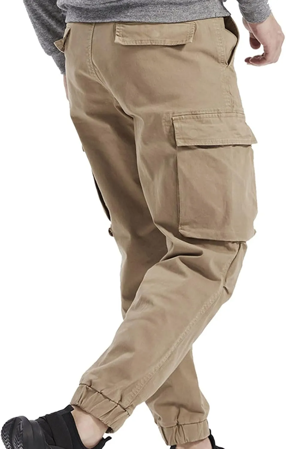Men's Casual Cotton Mid-Waist Zip Cargo Pants Relaxed Fit Solid Cargo Trousers with Multi-Pocket