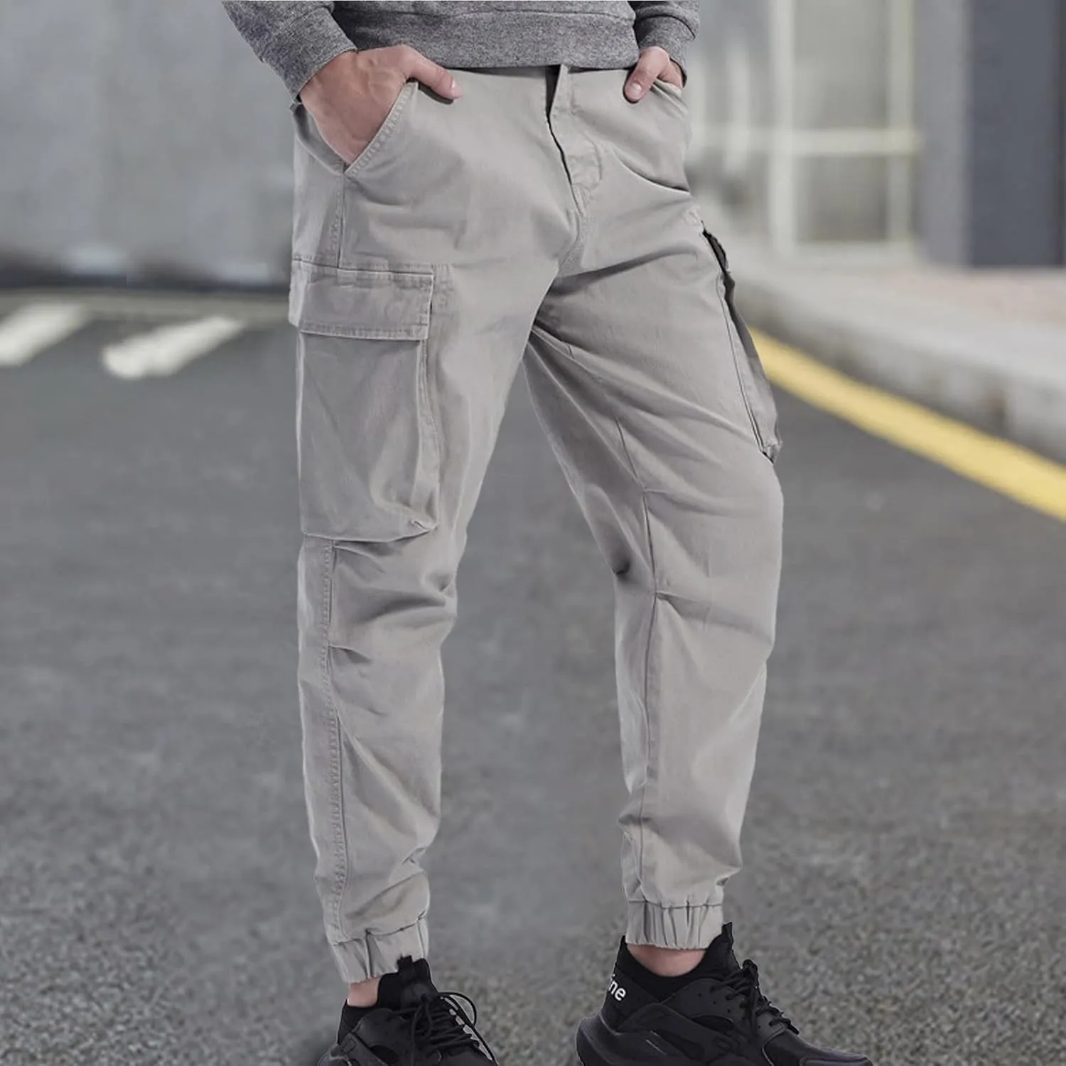 Men's Casual Cotton Mid-Waist Zip Cargo Pants Relaxed Fit Solid Cargo Trousers with Multi-Pocket