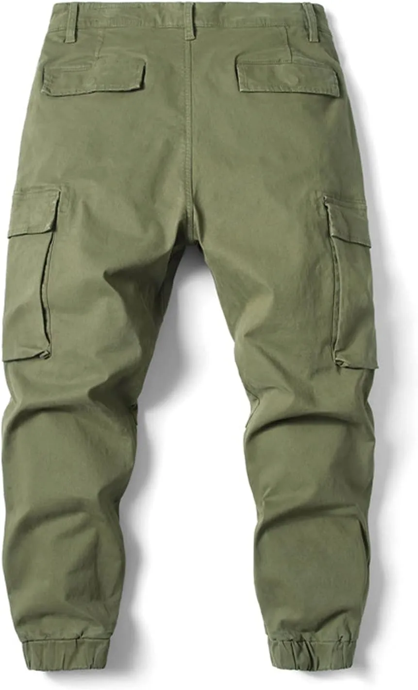 Men's Casual Cotton Mid-Waist Zip Cargo Pants Relaxed Fit Solid Cargo Trousers with Multi-Pocket