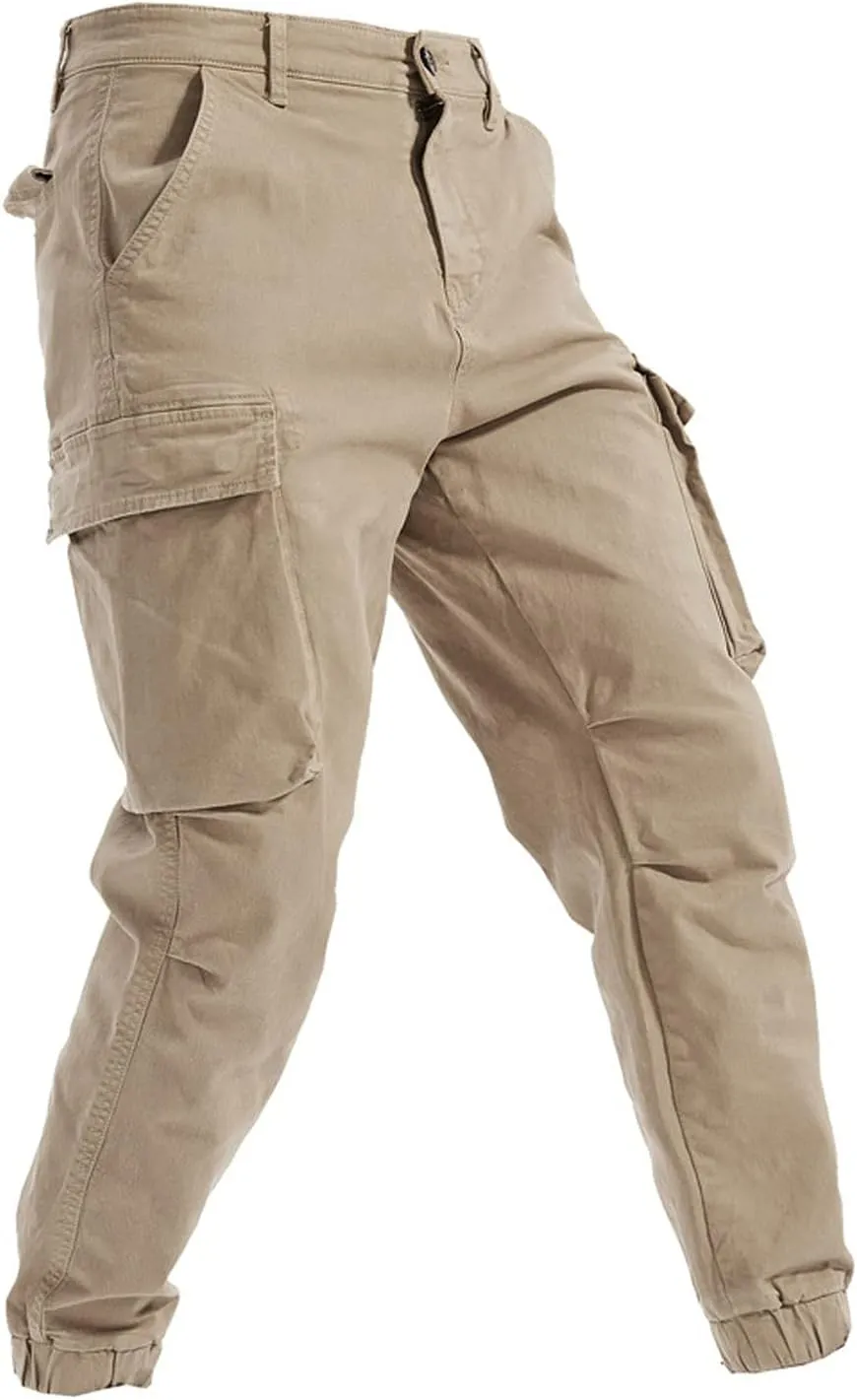 Men's Casual Cotton Mid-Waist Zip Cargo Pants Relaxed Fit Solid Cargo Trousers with Multi-Pocket