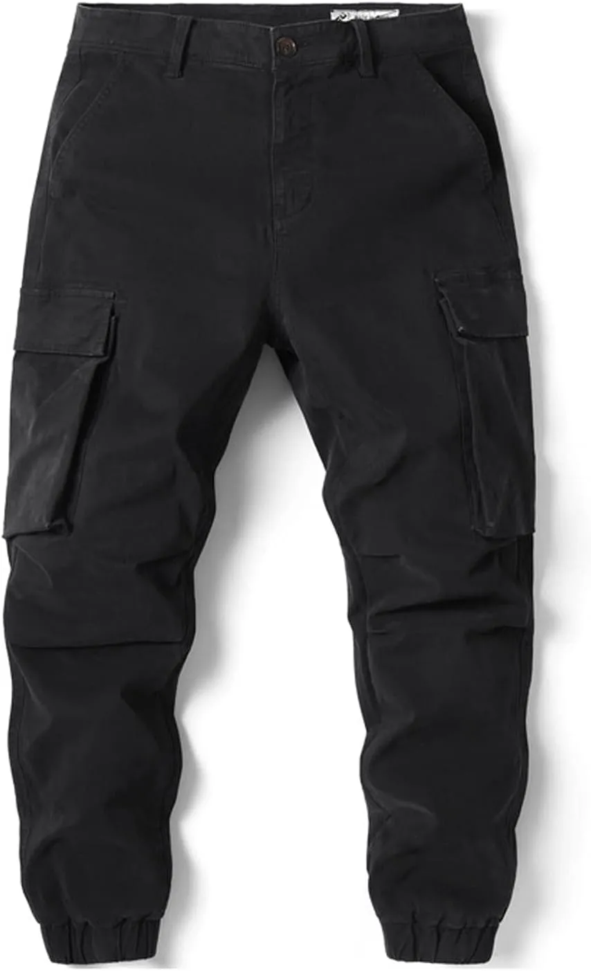 Men's Casual Cotton Mid-Waist Zip Cargo Pants Relaxed Fit Solid Cargo Trousers with Multi-Pocket