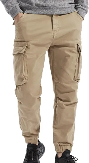 Men's Casual Cotton Mid-Waist Zip Cargo Pants Relaxed Fit Solid Cargo Trousers with Multi-Pocket